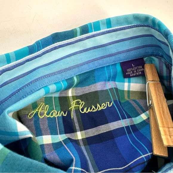 Alan Flusser Shirt Mens L Large Blue Plaid Button Down Long Sleeve Flip Cuff - Picture 4 of 11
